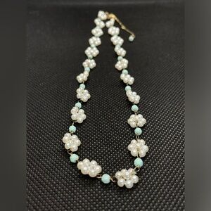 Dainty faux pearl flower & blue bead station necklace! Great for layering!